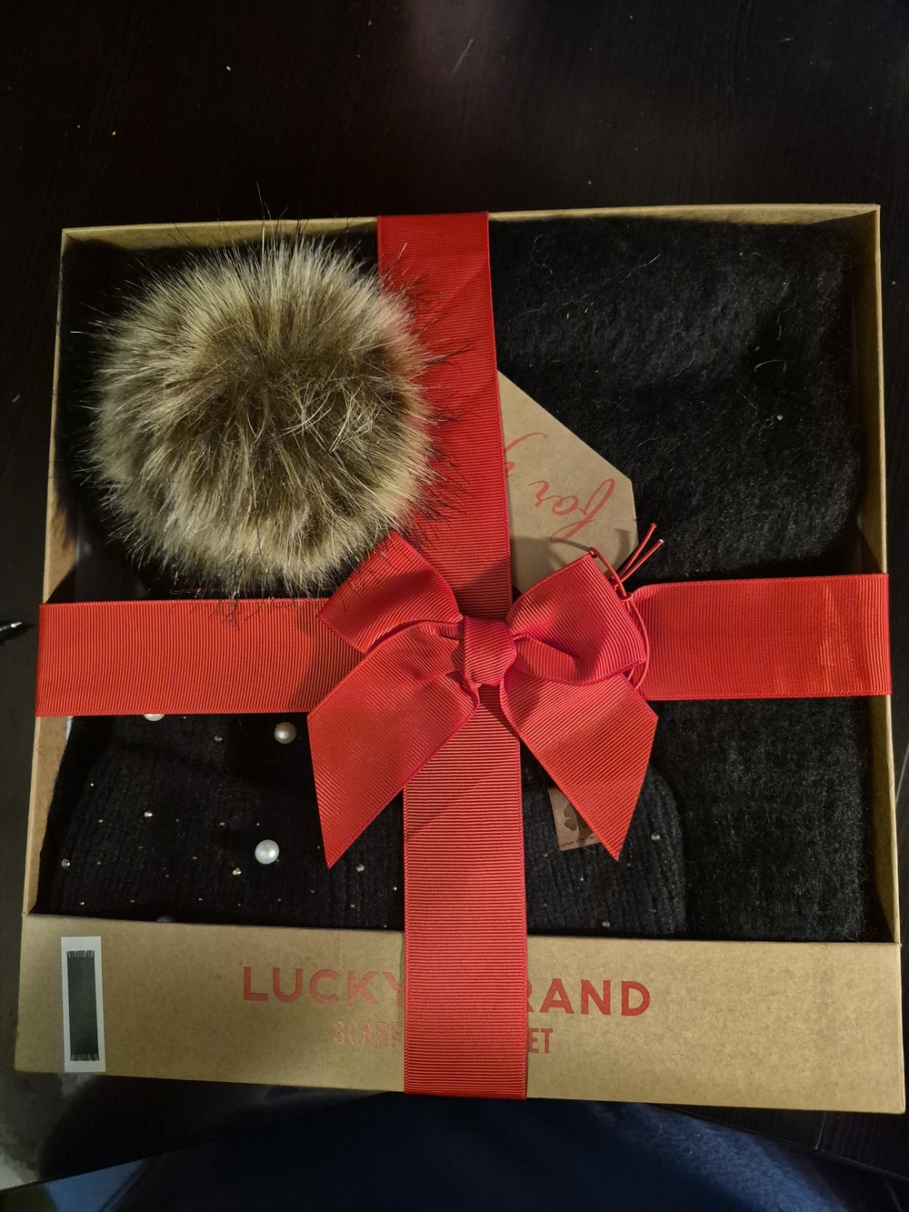 Lucky Brand Black Knit Hat & Scarf Set with Faux Fur Pom and Pearl Accents